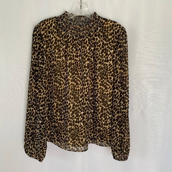 J CREW FACTORY Animal Print Smocked Neck Long Sleeve Career Blouse Top - Picture 1 of 5